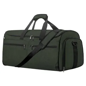 Detail view of a dark green travel duffel bag, versatile convertible garment and business overnight bag.