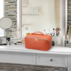 Orange woven cosmetic bag, minimalist large capacity portable travel makeup storage bag.