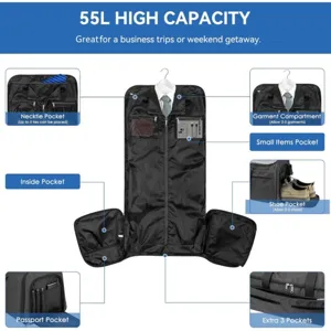 Convertible garment bag for travel, 55L high capacity suit luggage bag with multiple pockets.
