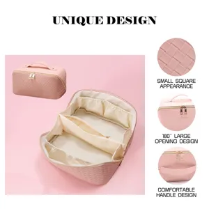 Pink woven cosmetic bag with large capacity, 180 degree opening and portable handle.