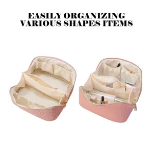 Detailed view of large-capacity woven cosmetic bag with multiple compartments for easy travel.