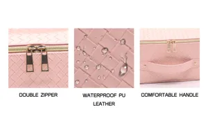 Pink woven cosmetic bag with double zipper, waterproof PU leather and comfortable handle.