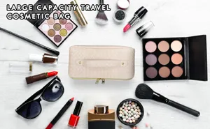 Large capacity travel cosmetic bag with woven texture, portable handbag for daily makeup storage.