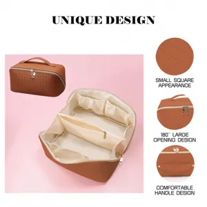 Brown Woven Travel Cosmetic Bag Large Capacity Makeup Organizer with 180 Degree Opening
