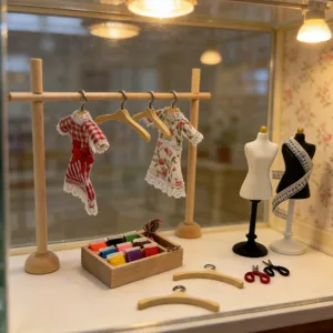 Escena de costura en miniatura para casa de muñecas con pequeños maniquíes y ropa a escala 1:12.