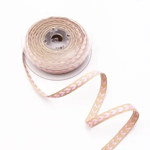 Detailed close-up of khaki and pink embroidered ribbon spool, perfect for DIY crafts and gifts.
