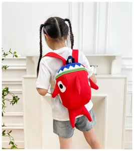 Kids cartoon shark backpack, cute red school bag with 3D fins for toddler boys and girls.