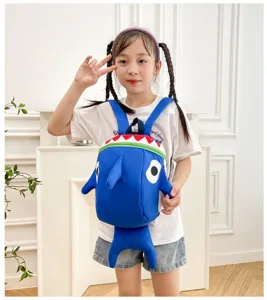 Cute cartoon shark backpack for kids, stylish toddler school bag with fun 3D animal design.