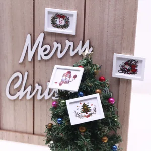 Dollhouse miniature Christmas scene wall decoration wooden board with small tree and frames.