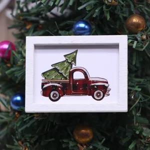 Miniature dollhouse Christmas wall decor painting, cute retro truck art for mini room display.