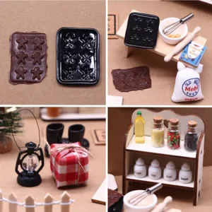 Ensemble d'accessoires de cuisine miniatures en bois pour décoration de maison de poupée.