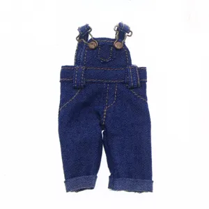 Mini denim overalls for BJD dolls and plush toys with cute metal buttons and pockets.