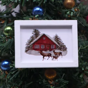 Miniature dollhouse Christmas wall art painting with a cute snowy cabin scene for ob11 decor.