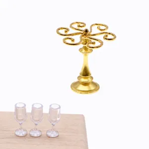 Dollhouse miniature wine glass rack and tiny cups detail view for diorama and scene setup.