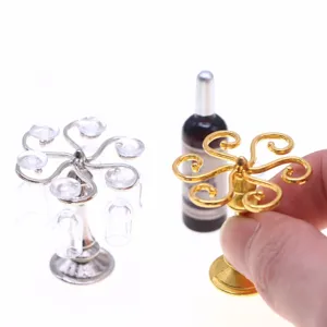 Miniature dollhouse wine glass rack set with tiny bottles and cups for ob11 display.