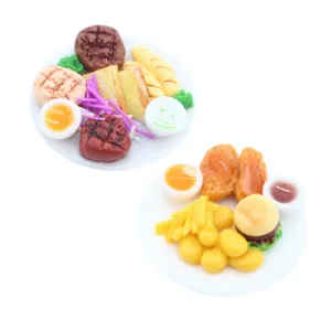 Miniature dollhouse simulation food models, cute steak burger and fries plates for scene props.