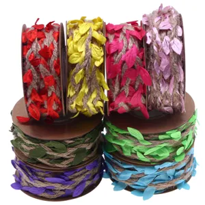 Colorful artificial leaf burlap ribbon rolls for DIY crafts and floral packaging