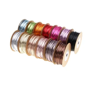 Multi-color metallic PU leather cords on spools, 2mm detail shot for DIY jewelry making accessories.