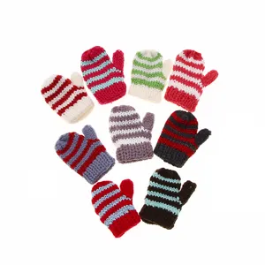 Mini knitted gloves for dollhouse, colorful striped miniature winter accessory set.