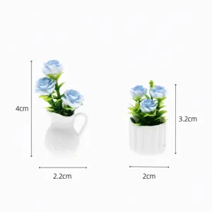 Ensemble de plantes en pots de roses bleues artificielles miniatures pour maison de poupée.