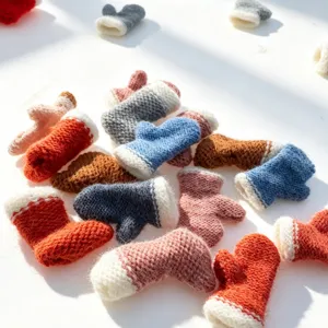 Close-up of colorful mini knitted Christmas socks, cute wool hanging pendants for tree.