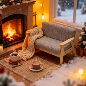 Miniatur Puppenhaus Holz Dopplesofa mit kuscheliger Decke, ideal für Wohnzimmer Deko.