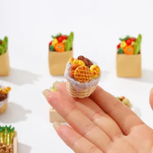 Miniature dollhouse food basket detail shot, cute handmade resin bread model for kitchen decor.