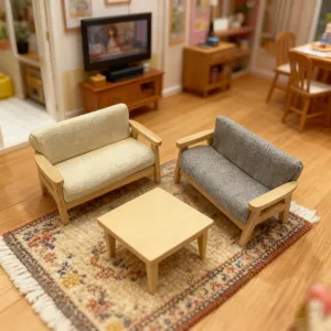 Detailliertes Miniatur Holzsofa und Couchtisch Set für Puppenhaus Wohnzimmer Szene Dekoration.