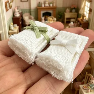 Miniature dollhouse white fabric towel with cute bow and tassel, perfect for doll decor.