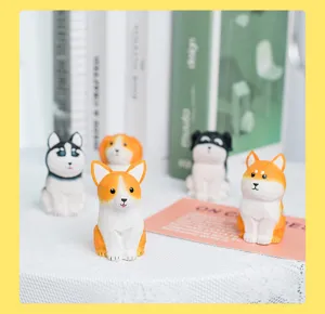 Cute wooden carved cartoon dog figurines, handmade mini animal desktop decorations.