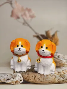 Close-up detail of cute hand-carved wooden puppy figurine with collar and bell on natural stone.