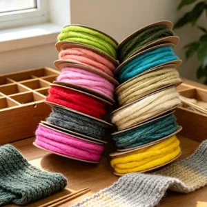 Colorful felt wool cord rolls detail view, ideal for DIY crafts, handmade decorations and garlands.