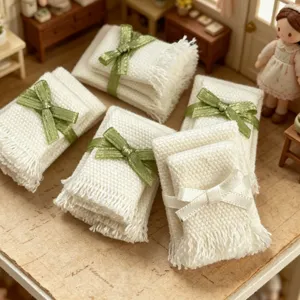 Dollhouse miniature fabric bow tassel towel set, cute micro bathroom scene doll decor.