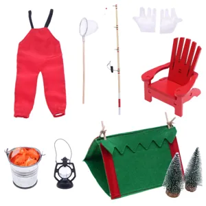 Dollhouse miniature fishing and camping accessory set featuring red overalls, tent and cute props.