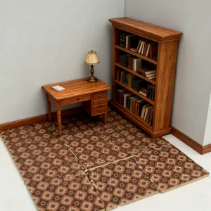 Detailed view of dollhouse miniature wooden flooring and miniature furniture set for dollhouse decor.
