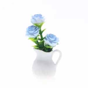 Maison de poupée miniature plante en pot artificielle roses bleues pichet blanc micro paysage jardin décor