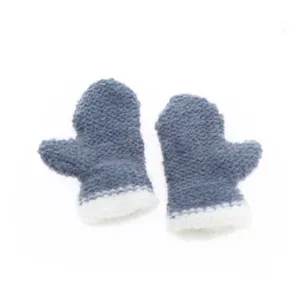 Detailed shot of grey knitted mini mittens with white trim, cozy winter holiday decor charm.