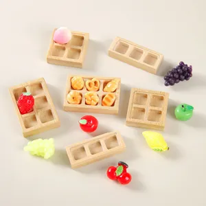 Dollhouse miniature wooden grid tray and resin food dessert decor set for DIY miniature scene.