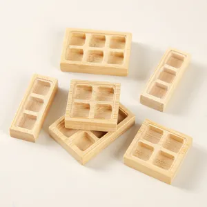 Miniature wooden grid tray detail view, perfect for dollhouse food scene decoration.