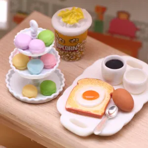 Miniature dollhouse food set detail, cute resin macaron stand and breakfast toy models.