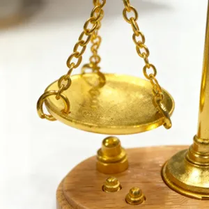 Λεπτομερές κοντινό πλάνο χρυσής ζυγαριάς μινιατούρας για διακόσμηση σπιτιού κούκλας.