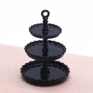 Miniature 3-tier black cake dessert stand model for dollhouse decoration and DIY display.