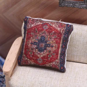 Miniature dollhouse pillow with bohemian ethnic carpet pattern for mini furniture decor