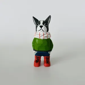 Hand-carved wooden French bulldog figurine, creative desktop ornament and toy model detail view.