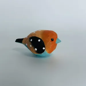 Handmade wooden bird figurine carved detail, cute desktop decoration and healing office gift.