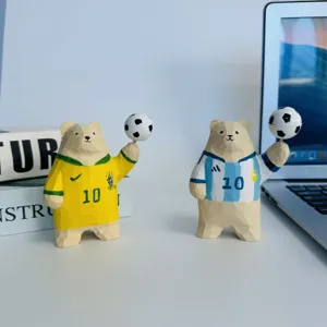 Wooden bear football ornament, Argentina and Brazil No.10 desktop decoration gift for fans.