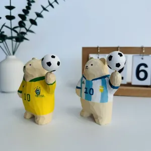 Wooden bear football figurines, Argentina and Brazil jersey desktop decor fan gifts.