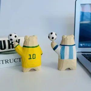 Wooden football bear figurine desktop decoration, Argentina and Brazil fan souvenir gift.