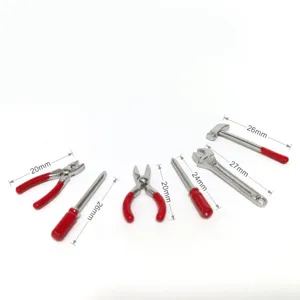 Miniature alloy tool set detail, 1:12 dollhouse scale tiny tools with clear size marks.