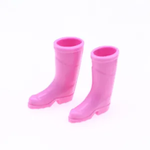 Mini pink rain boots detail shot for dollhouse miniature scenes and collectible doll footwear.